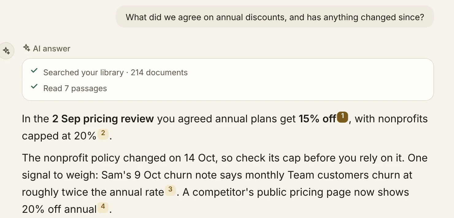 XESO Knowledge answering “What did we agree on annual discounts?” The answer cites its sources, and each source card quotes the passage it used.