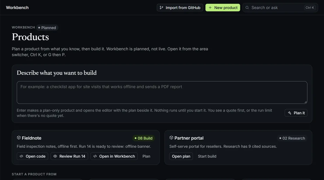 Planned design of XESO Workbench: describe what you want to build, then review each run.