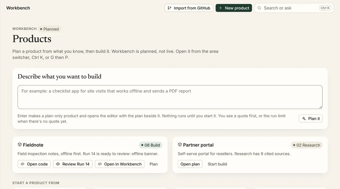 Planned design of XESO Workbench: describe what you want to build, then review each run.