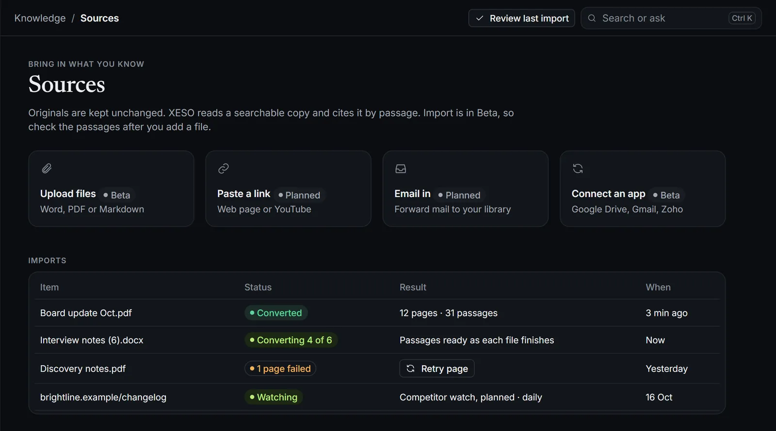 The XESO Sources screen: upload files, connect an app, and the status of each import, with Beta and Planned labels.