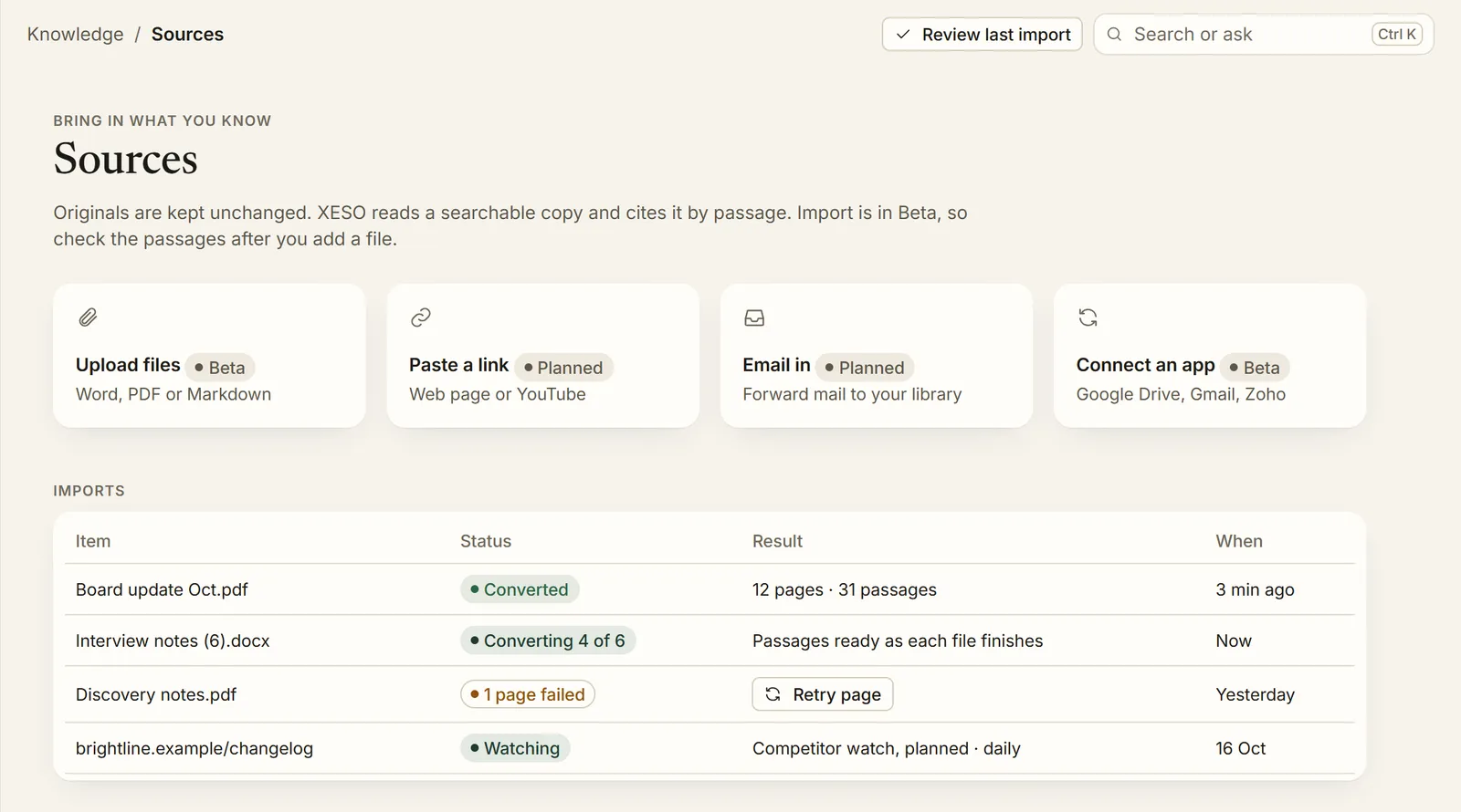 The XESO Sources screen: upload files, connect an app, and the status of each import, with Beta and Planned labels.