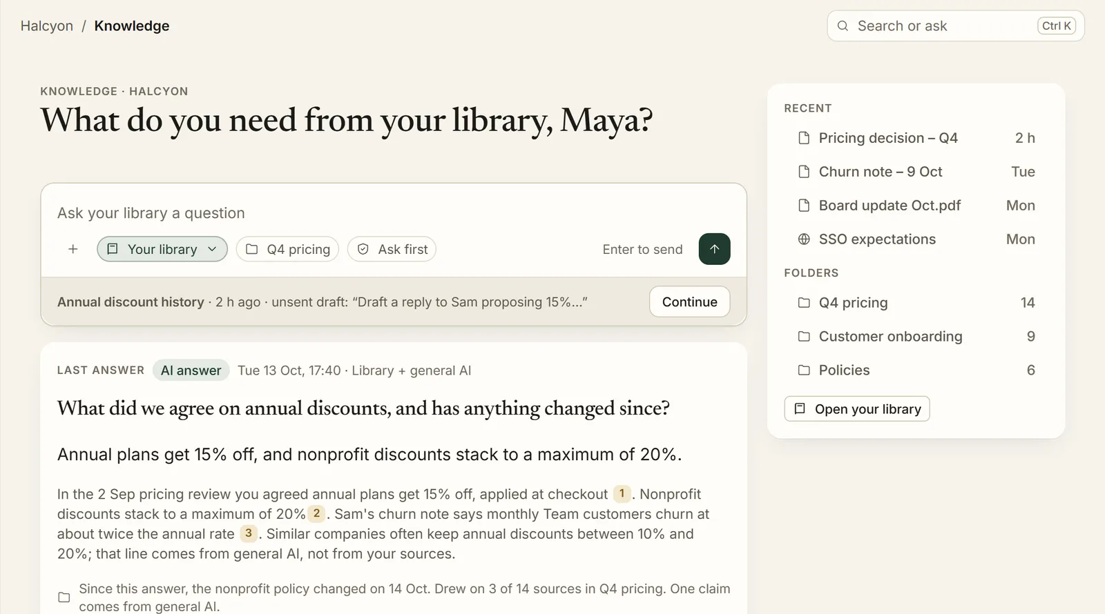 XESO Knowledge: a question box scoped to Your library and Q4 pricing, above the last cited answer.