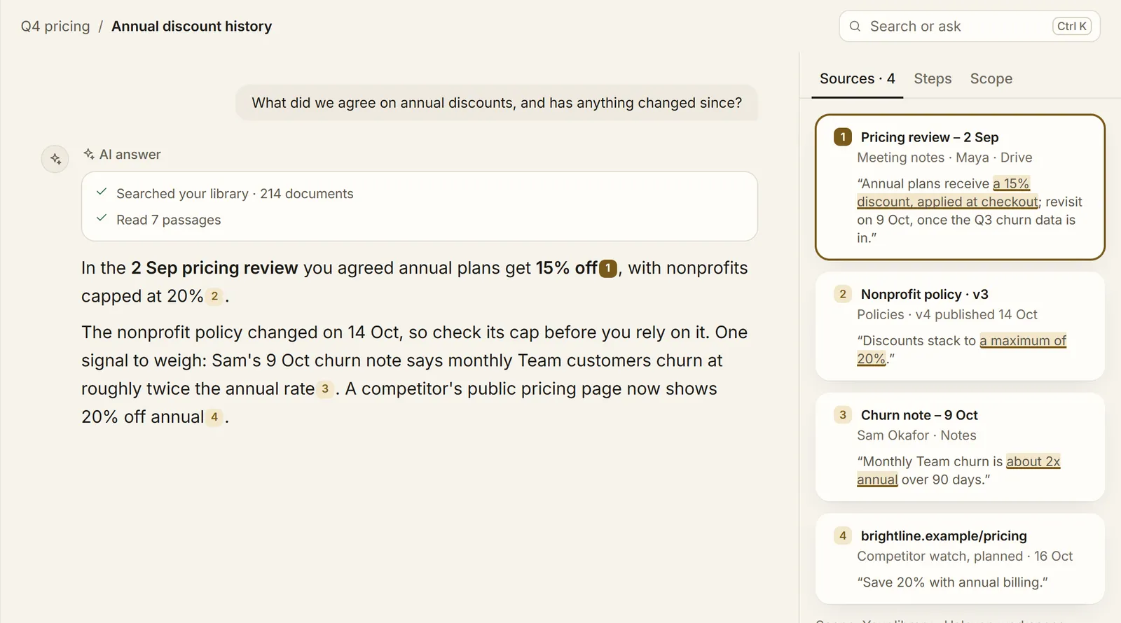 A XESO answer with numbered citations beside source cards that highlight the quoted passage.