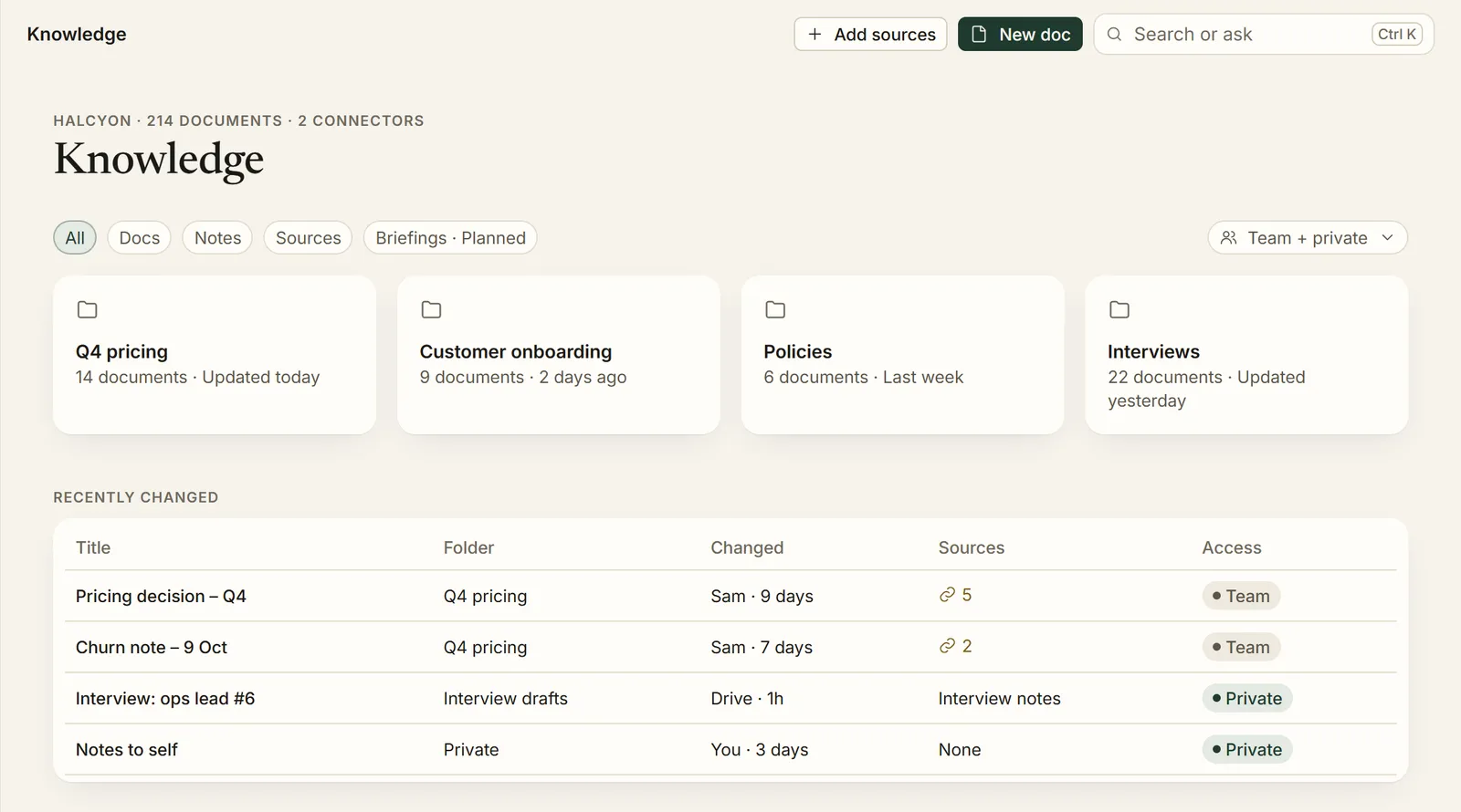 The XESO library: folders and recently changed notes, each showing its sources.
